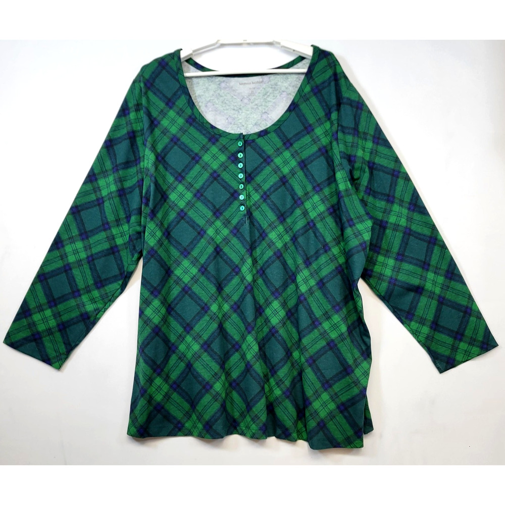 Woman Within Top Womens‎ 2X Green Plaid Scoop Neck Long Sleeve Tunic Everyday